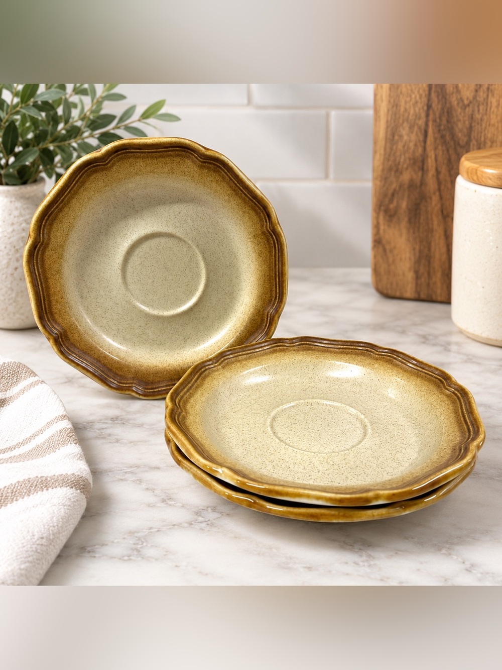 Vintage Mikasa Whole Wheat E8000 Saucers Set of 3 Stoneware Japan 1970s 6.25”